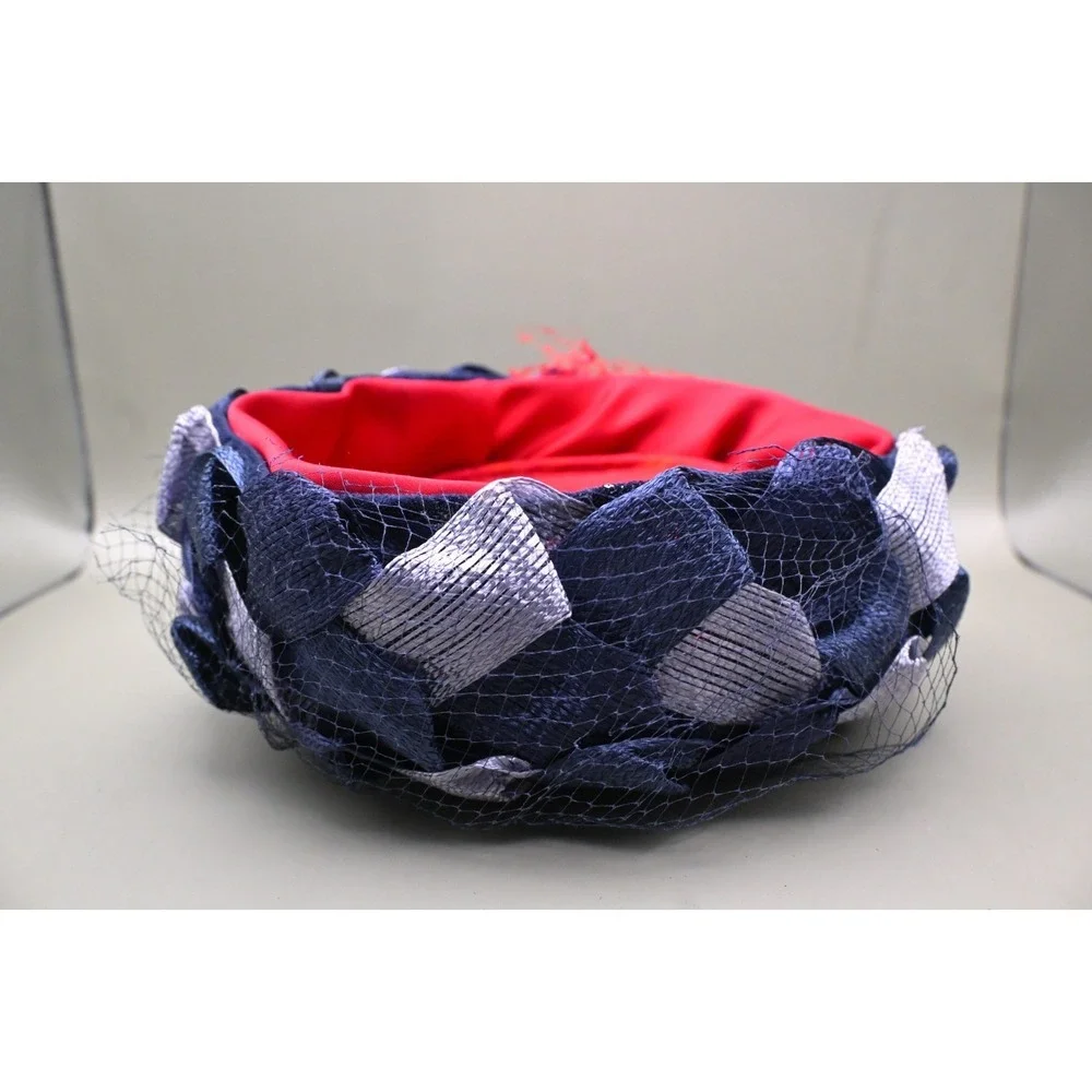 Vintage Navy Blue Silver Ribbon Hat Fascinator Netting Pillbox Cocktail Fashion